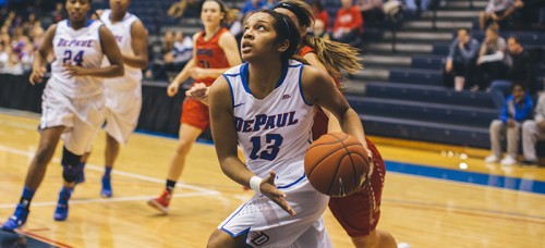 DePaul guard Chanise Jenkins attempts the layup at an earlier game this season. She scored 22 points Wednesday against Marquette in a 