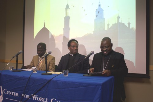 From left to right: Dr. Barbacar Mbengue, Fr. Aniedi Okure and Archbishop Ignatius Kaigama led a discussion about religion in Sub-Saharan Africa.  (Eric Traphagen / The DePaulia)