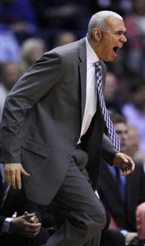 DePaul head coach Dave Leitao yells to his players during the second half of a basketball game against Butler ,Tuesday, Jan. 5, 2016, in Rosemont, Ill. Butler won 77-72. (AP Photo/Paul Beaty)