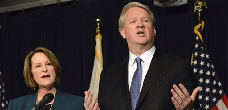 Illinois House Republican Leader Jim Durkin, right, and Senate GOP Leader Christine Radogno speak at a news conference in Chicago, Wednesday, Jan. 20, 2016, where they called for a state takeover of the financially troubled Chicago Public Schools. They said the proposed legislation would give the Illinois State Board of Education control over the nations third-largest school district. (Brian Jackson/Chicago Sun-Times via AP) CHICAGO TRIBUNE OUT, MANDATORY CREDIT, MAGS OUT, NO SALES