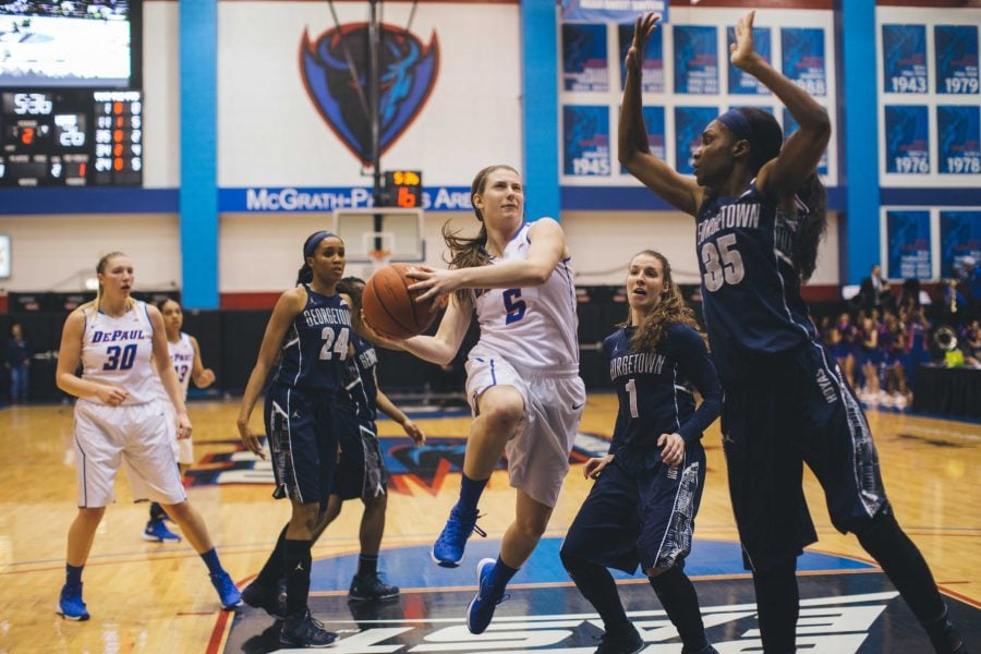 Senior guard Lauren Prochaska drives to the basket. (Photo by Josh Leff \ The DePaulia)