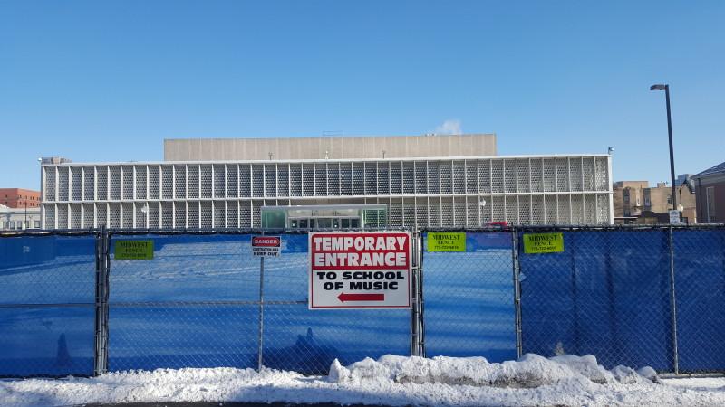 School of Music students have to navigate detours to get to class as construction on a new building gets underway. The building will replace McGaw Hall. (Brenden Moore / The DePaulia)