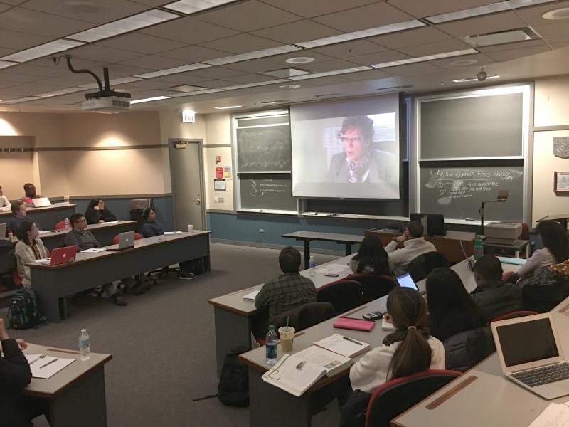 Students in Professor Kelly Pope’s managerial accounting class watch a trailer for her documentary “All the Queen’s Horses,” expected to release in September. The documentary investigates the largest municipal fraud case in United States history. (Photo courtesy of MELANIE JEANNE PLANK)