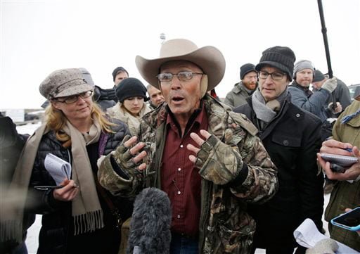 LaVoy Finicum, a rancher from Arizona who is part of the group occupying the Malheur National Wildlife Refuge, speaks with reporters during a news conference at the the refuge. (Rick Bowmer / AP)