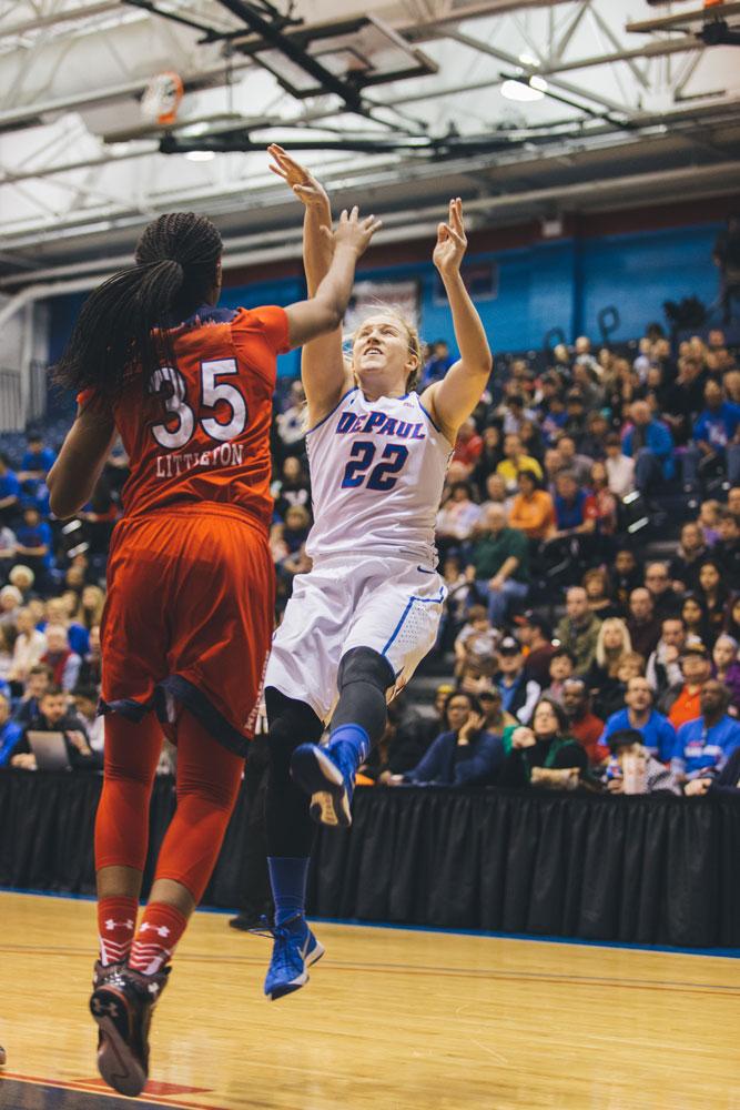 Junior guard Brooke Schulte rises up for a jumpshot on Sunday.  (Josh Leff / The DePaulia)