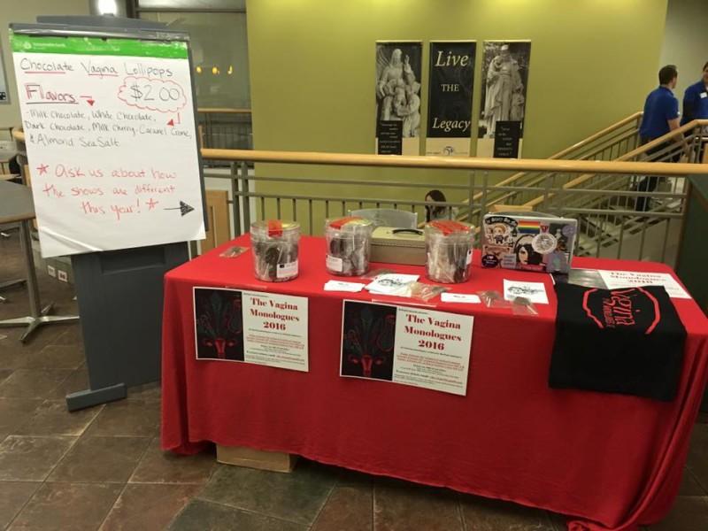 Tickets for “The Vagina Monologues” were sold in the Student Center the week of the performances. Along with tickets, chocolate vagina lollipops were sold in a variety of flavors. (Photo courtesy of Laura Springman)