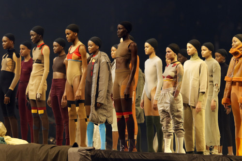 Models wear fashion from the Yeezy collection at a presentation and album release for Kanye West's latest album, "The Life of Pablo," Thursday, Feb. 11, 2016 at Madison Square Garden in New York. (Photo courtesy of Bruce Barton | ASSOCIATED PRESS)