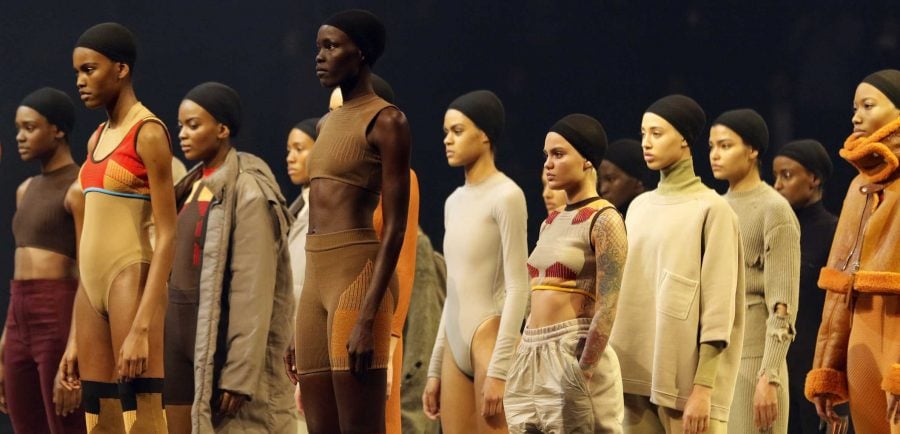 Models wear fashion from the Yeezy collection at a presentation and album release for Kanye Wests latest album, The Life of Pablo, Thursday, Feb. 11, 2016 at Madison Square Garden in New York. (AP Photo/Bruce Barton)