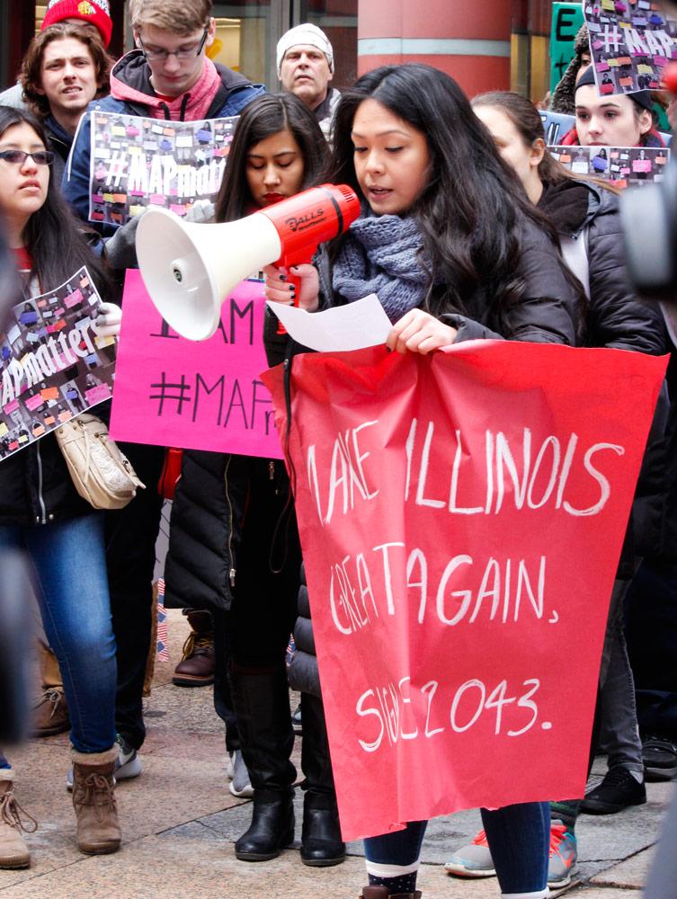 SGA president Vanessa Cadavillo leads a rally for MAP grants earlier this month. (Kirsten Onsgard / The DePaulia)