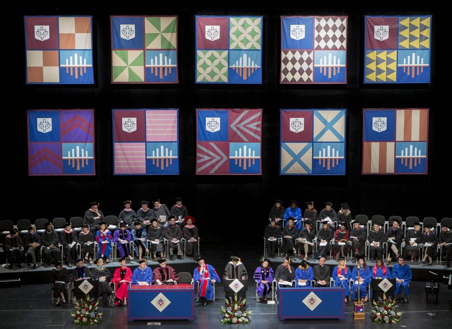 FILE-Honorary degree recipient Muhal Richard Abrams, a world-renowned pianist, addresses the graduates of DePaul University’s School of Music and The Theatre School at the 117th commencement ceremonies on June 13, 2015. (DePaul University / Jeff Carrion)