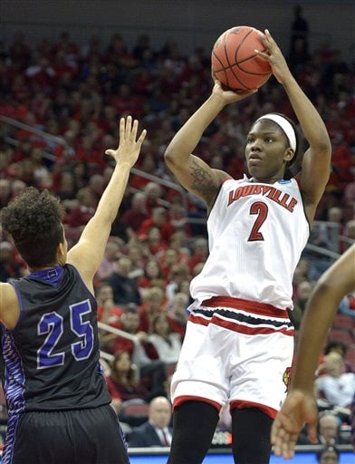 Louisville's Myisha Hines-Allen (2) shoots over Central Arkansas's Olivia McWilliams (25) during the second half of a first-round women's college basketball game in the NCAA Tournament in Louisville, Ky., Friday, March 18, 2016. Louisville won 87-60. (AP Photo/Timothy D. Easley)