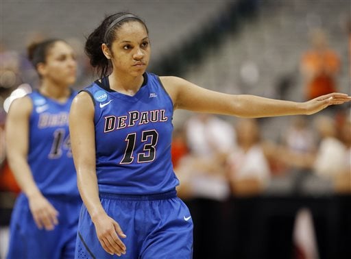 DePaul guard Chanise Jenkins (13) walks off the court after an NCAA college basketball game in the regional semifinals of the women's NCAA Tournament against Oregon State Saturday, March 26, 2016, in Dallas. Oregon State won 83-71. (AP Photo/Brandon Wade)