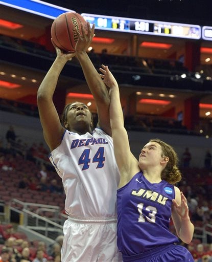 DePaul's Brandi Harvey-Carr (44) shoots over James Madison's Logan Reynolds (13) during the second half of a first-round women's college basketball game in the NCAA Tournament in Louisville, Ky., Friday, March 18, 2016. DePaul won 97-67. (AP Photo/Timothy D. Easley)