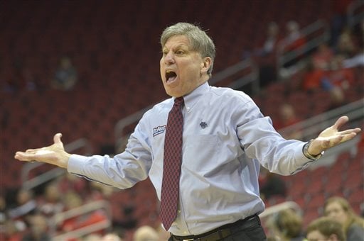 DePaul head coach Doug Bruno shouts at a referee during the first half against James Madison during a first-round women's college basketball game in the NCAA Tournament in Louisville, Ky., Friday, March 18, 2016. (AP Photo/Timothy D. Easley)