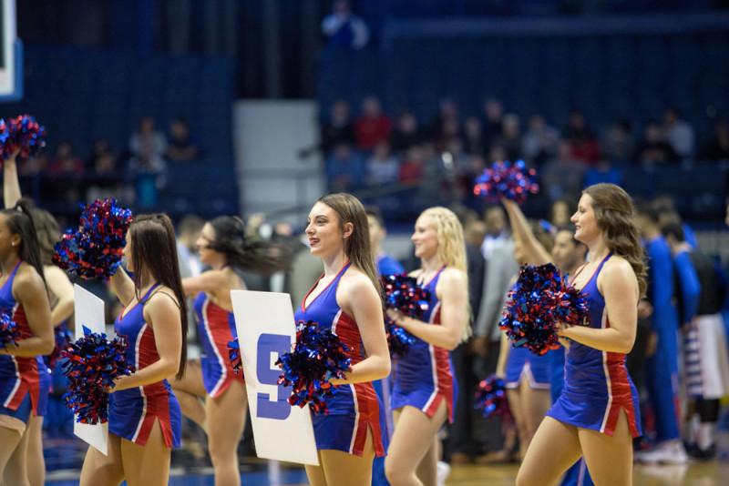 The DePaul cheer squad leads the crowd in a cheer on Feb. 25. (Josh Leff / The DePaulia)