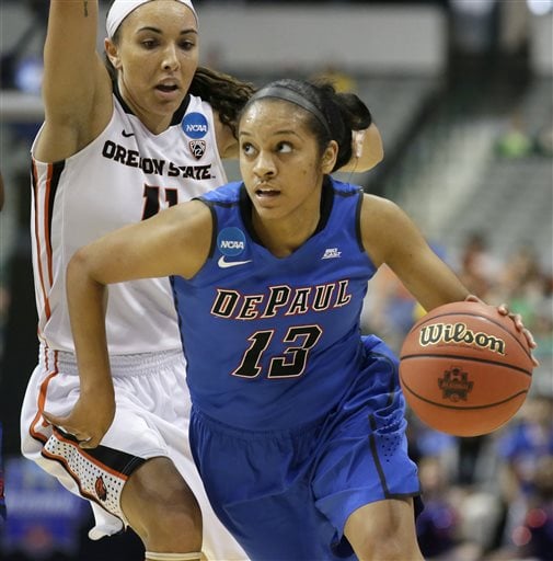 DePaul guard Chanise Jenkins (13) drives past Oregon State guard Gabriella Hanson (11) during the first half of an NCAA college basketball game in the regional semifinals of the women's NCAA Tournament Saturday, March 26, 2016, in Dallas. (AP Photo/LM Otero)