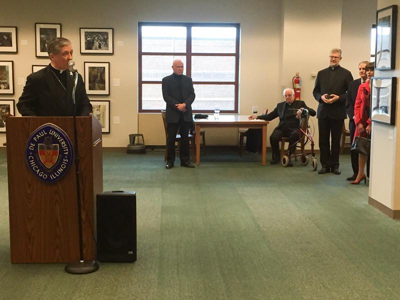 Chicago Archbishop Blaise Cupich speaks at the opening of a DePaul photography exhibition celebrating papal trips to the Holy Land. (Brenden Moore / The DePaulia)