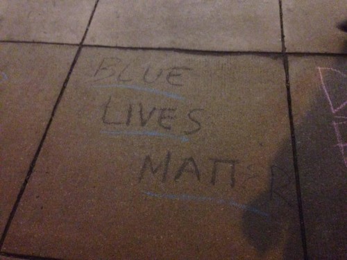 "Blue Lives Matter" was chalked by College Republicans on campus earlier this month. Phrases like this and "Build a wall" sparked a controversy on campus regarding free speech and racism.  (Photo courtesy of DEPAUL COLLEGE REPUBLICANS)