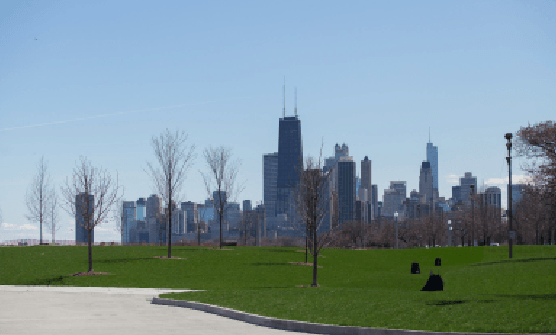 Construction on the lakefront trail created a widened green park space at the lakefront as well as a separate path for walkers and bikers. (Photo by Josh Leff / The DePaulia)
