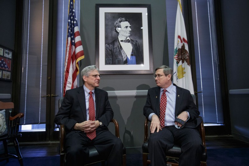 Sen. Mark Kirk, R-Ill., right, meets with Judge Merrick Garland, President Barack Obama’s choice to replace the late Justice Antonin Scalia on the Supreme Court. Kirk is the only Republican to support taking a vote on Garland. (J. SCOTT APPLEWHITE / AP)