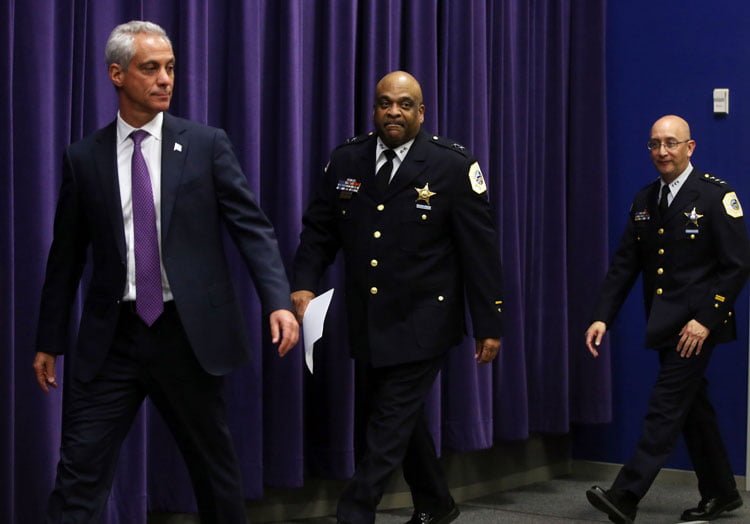 Mayor Rahm Emanuel introduces Eddie Johnson, the current Chief of Patrol, as the Interim Superintendent of the Chicago Police Department at CPD Headquarters on March 28, 2016. (Brian Cassella | Tribune News Service)