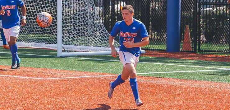 Junior midfielder Philipp Koenigstein chases a ball in a 2015 match. Koenigstein and the entire mens soccer team returned yesterday for their first game against Albany. (Josh Leff / The DePaulia)