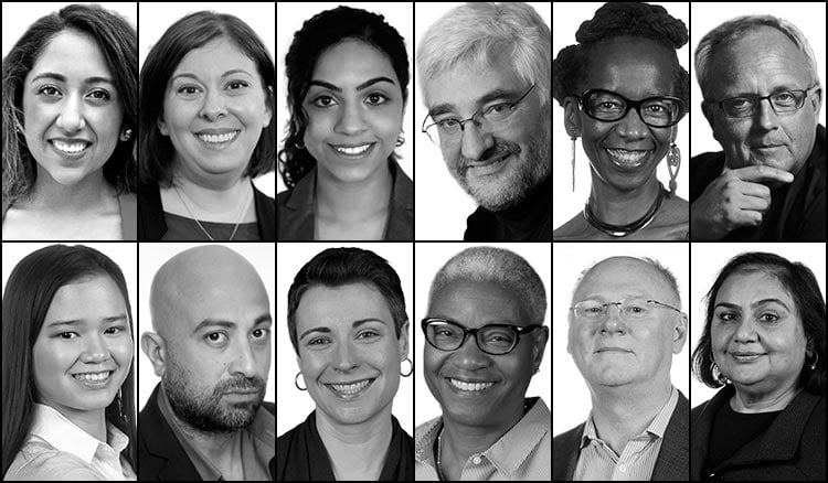 TEDxDePaulUniversity speakers (left to right): Jacqueline Martinez, Alyssa Westring, Kinza Khan, Ken Butigan, Derise Tolliver Atta, Fr. Edward Udovic, Gabrielle Presbitero, Laith Saud, Winifred Curran, Dorothy Griggs, Mark McGreevy and Shailja Sharma. (Jeff Carrion / DePaul University)