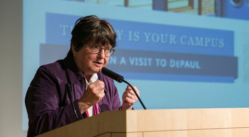 Sr. Helen Prejean spoke to the DePaul community this week about the social and ethical repercussions of the death penalty. This is Prejean’s third visit to DePaul. (Photo courtesy of Jamie Moncrief | DEPAUL UNIVERSITY)