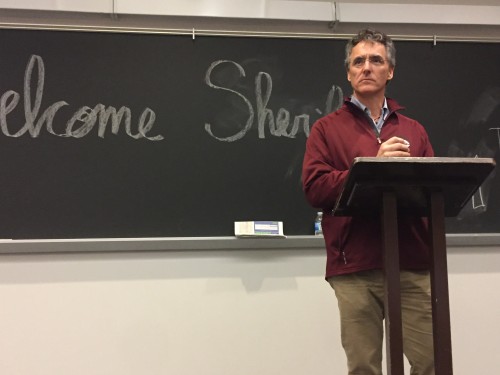 Sheriff Tom Dart speaks at an event sponsored by the DePaul Democrats Tuesday evening. (BRENDEN MOORE/THE DEPAULIA)