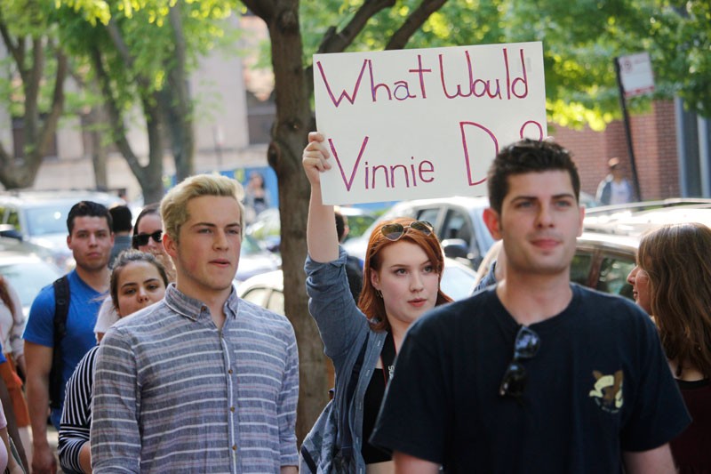 Protesters march toward the Student Center Tuesday. (Kirsten Onsgard / The DePaulia)