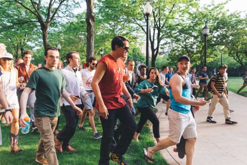 After his event was interrupted by protesters, Milo Yiannopoulos walked across campus with supporters and protesters. (Josh Leff / The DePaulia)