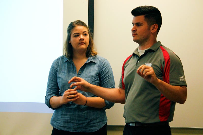 Candidates for SGA presdident and vice president Ric Popp and Megan Scoville address a group gathered for a candidate meeting. Popp and Scoville are running unopposed. (Kirsten Onsgard / The DePaulia)