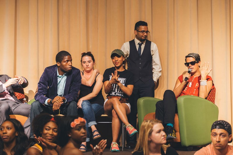 Protesters took the stage during Milo Yiannopoulos' speech Tuesday, interrupting it. A chaotic scene ensued after protesters and supporters spilled across campus. (Josh Leff / The DePaulia)