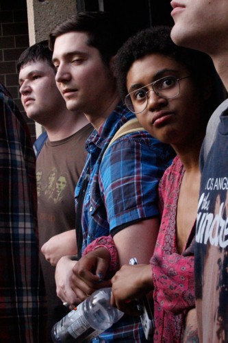 Student protesters block attendees' entry into the Schmitt Academic Center. (Kirsten Onsgard / The DePaulia)