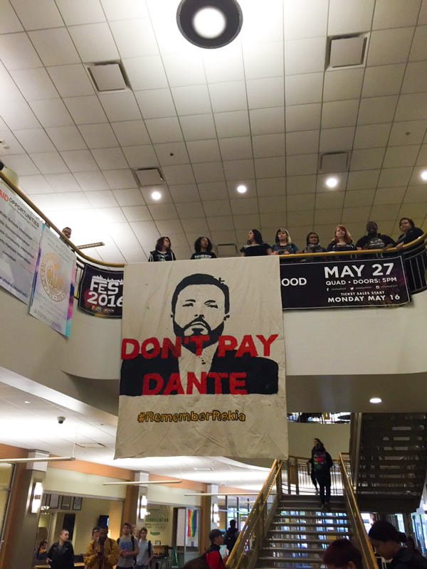 A banner hung from the second floor of the Student Center that read "Don't Pay Dante" during a demonstration Thursday. (Matthew Paras / The DePaulia)