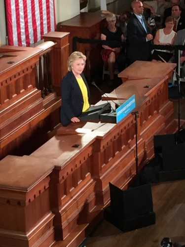 Hillary Clinton discusses overcoming divisions in a Wednesday morning speech in Springfield. (Brenden Moore/The DePaulia)