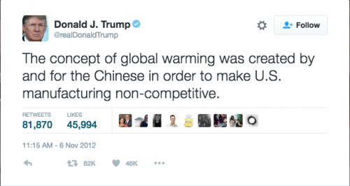 Donald Trump's 2012 tweet about climate change mentioned in the first presidential debate.