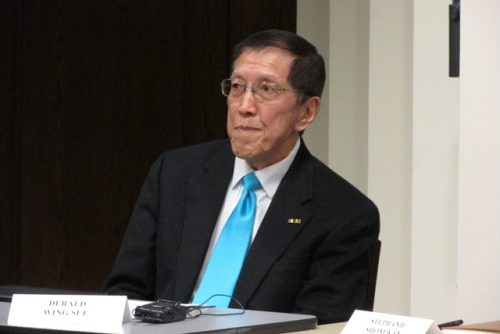 Derald Wing, a professor of psychology and education at Columbia University, listens to questions from the audience during the Inclusive Speech and Expression panel. (Tariqah Shakir/The DePaulia)