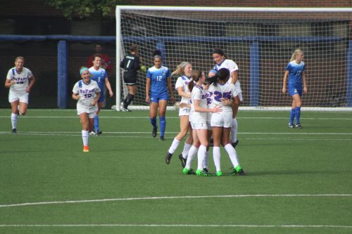 Women's soccer reacts to a goal in a September match against Creighton. (Caroline Stacey/The DePaulia)