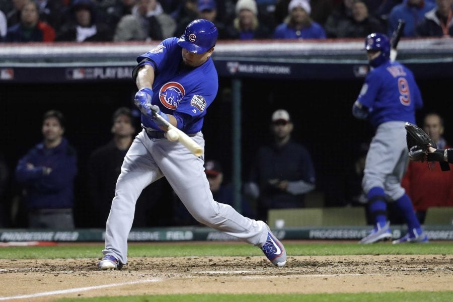 The Chicago Cubs Kyle Schwarber hits an RBI single in the third inning against the Cleveland Indians during Game 2 of the World Series on Wednesday, Oct. 26, 2016, at Progressive Field in Cleveland. The Cubs won, 5-1, to even the series. (Nuccio DiNuzzo/Chicago Tribune/TNS)