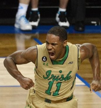 Notre Dame's Demetrius Jackson (11) reacts after a first-half dunk against North Carolina on Saturday, March 14, 2015, during the championship game of the ACC Tournament at the Greensboro Coliseum in Greensboro, N.C. (Chuck Liddy/Raleigh News & Observer/TNS)