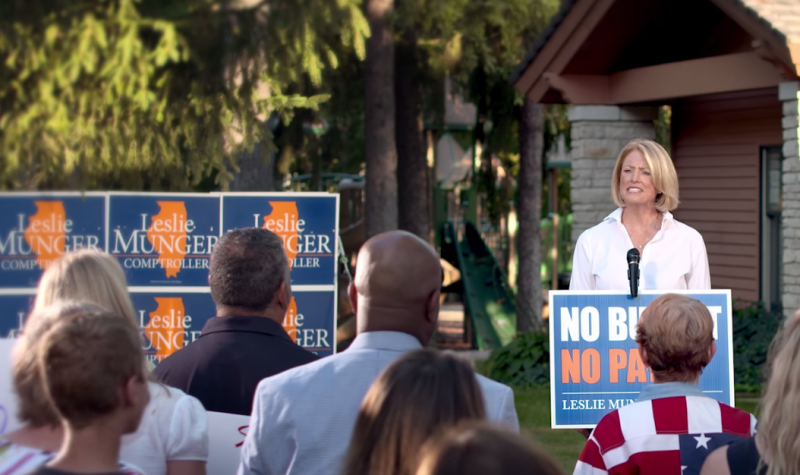 Illinois Comptroller Leslie Munger appears in her first campaign ad, where she touts her "No budget, no pay" proposal. (Leslie Munger/Youtube)