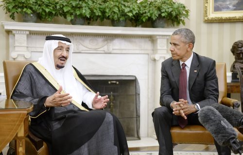 U.S. President Obama looks on as King Salman bin Abd alAziz of Saudi Arabia speaks during a bilateral meeting in the Oval Office on Friday, Sept. 4, 2015, in Washington, D.C. (Olivier Douliery/Abaca Press/TNS)