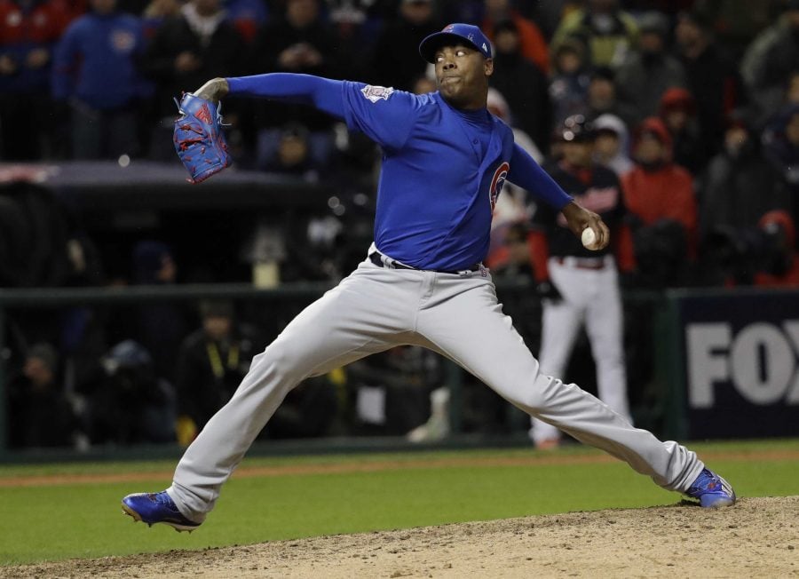 Chicago Cubs relief pitcher Aroldis Chapman throws during the eighth inning of Game 2 of the Major League Baseball World Series against the Cleveland Indians Wednesday, Oct. 26, 2016, in Cleveland. (AP Photo/David J. Phillip)