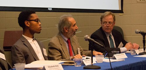 Left to right: Black Student Union president Mario Morrow, University of Chicago professor Gerald Rosenberg and senior journalist in residence at DePaul Chris Bury discuss free speech on college campuses. (Danielle Harris/The DePaulia)