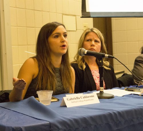 Pictured, from left to right: DePaul College Republicans member Gabriella Caldarone and the Chicago Tribune's Kristen McQueary. (Danielle Harris/The DePaulia)