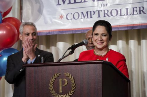 Susana Mendoza celebrates her Illinois Comptroller victory with Mayor Rahm Emanuel and Secretary of State Jesse White in Chicago on Tuesday, Nov. 8, 2016. (Santiago Covarrubias/Sun-Times Media via AP)