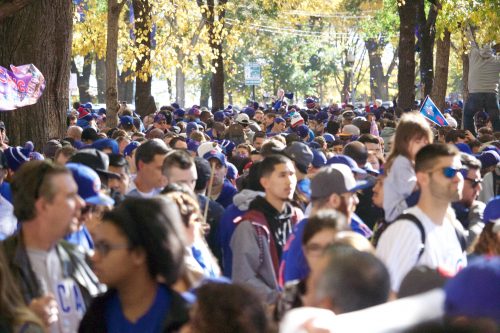 Cubs fans celebrate in Grant Park’s North Rose Garden during the Nov. 4 victory parade. (Josh Leff / The DePaulia)