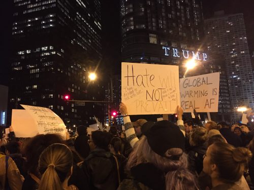 Protesters gather Wednesday evening to protest Donald Trump's election as President of the United States. (Brenden Moore/The DePaulia)