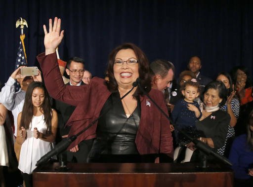Sen.-elect Tammy Duckworth, D-Ill., celebrates her win over incumbent Sen. Mark Kirk, R-Ill., during her election night party, Tuesday, Nov. 8, 2016, in Chicago.  (AP Photo | Charles Rex Arbogast)